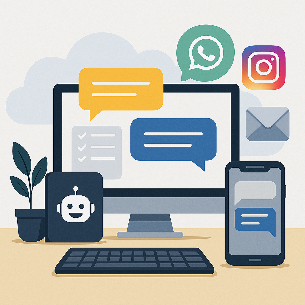 Illustration eines digitalen Arbeitsplatzes mit Chat-Oberfläche, Smartphone, Tablet und Symbolen für WhatsApp, Instagram und E-Mail