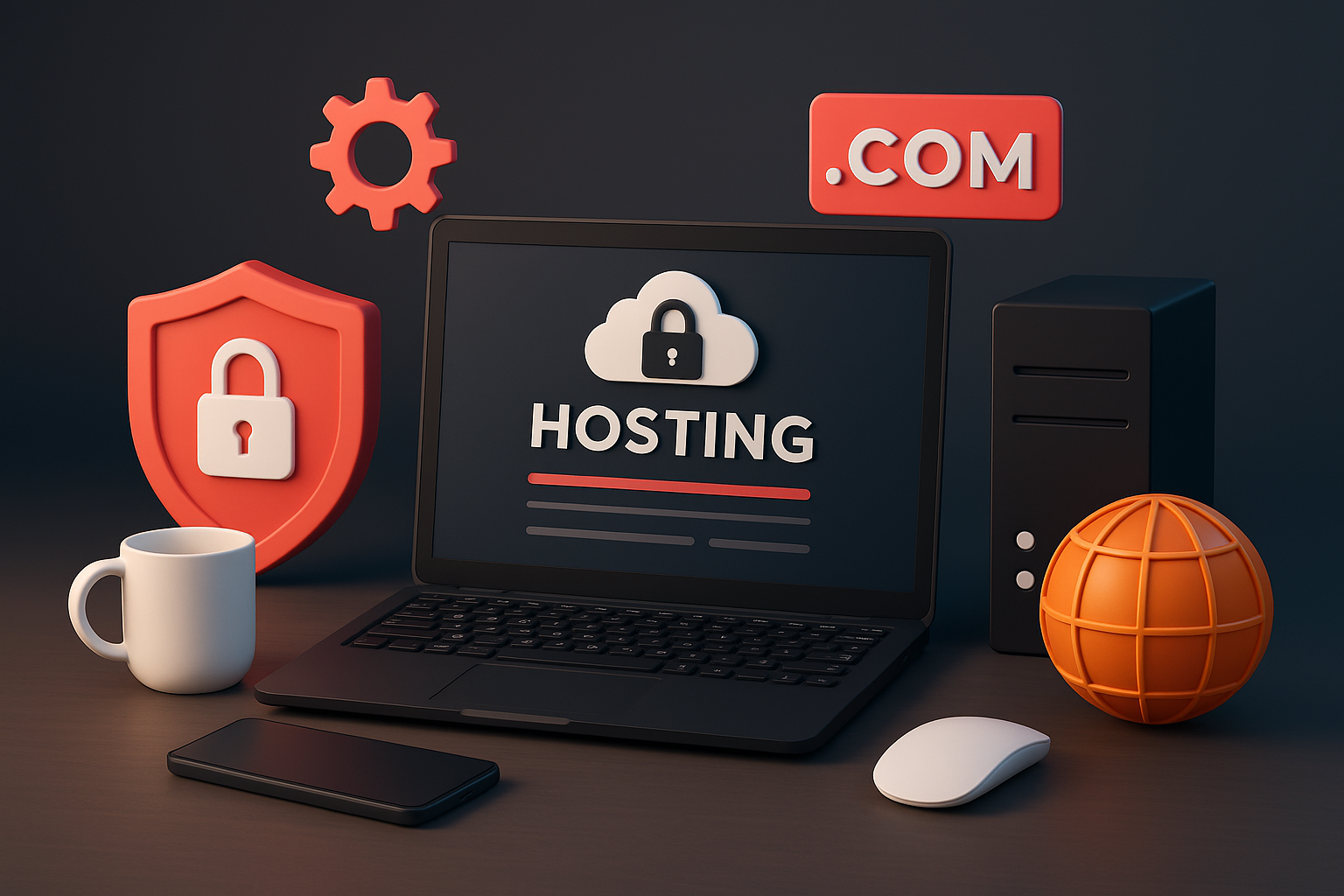 Symbolisches Bild für sicheres Webhosting mit Laptop, Server und SSL-Schutz.