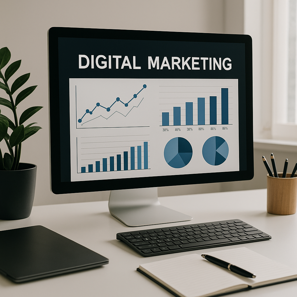 Schreibtisch mit Computer und Marketing-Diagrammen – digitales Arbeiten und Online Marketing visuell dargestellt