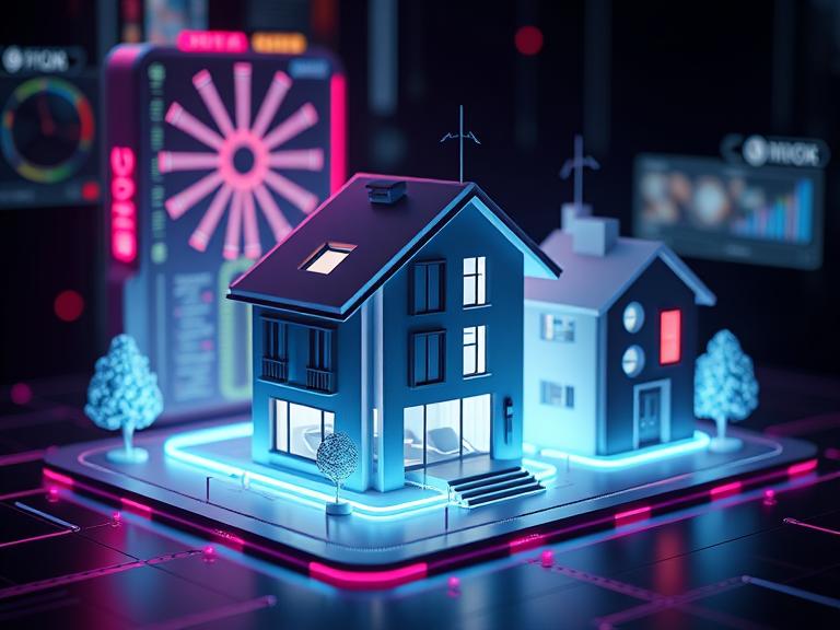 Abstraktes Marketingmotiv mit Immobilien Symbolen, Canva Designs und Social Media Icons in moderner Darstellung