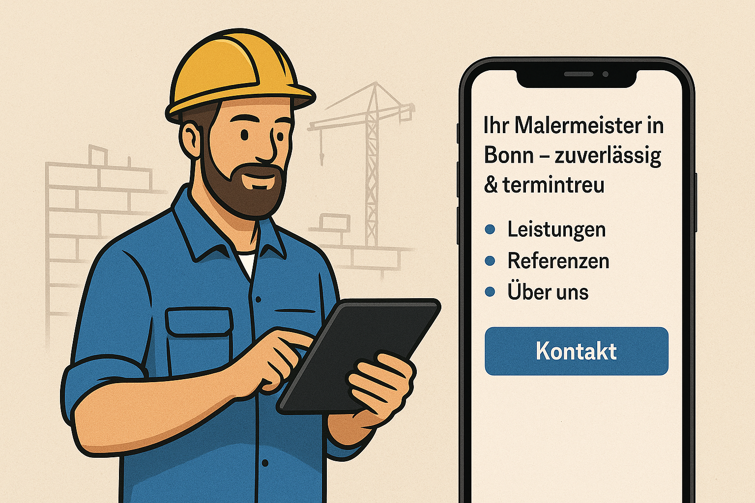 Handwerker mit Tablet neben Smartphone mit moderner Handwerker-Website im Hintergrund einer Baustelle