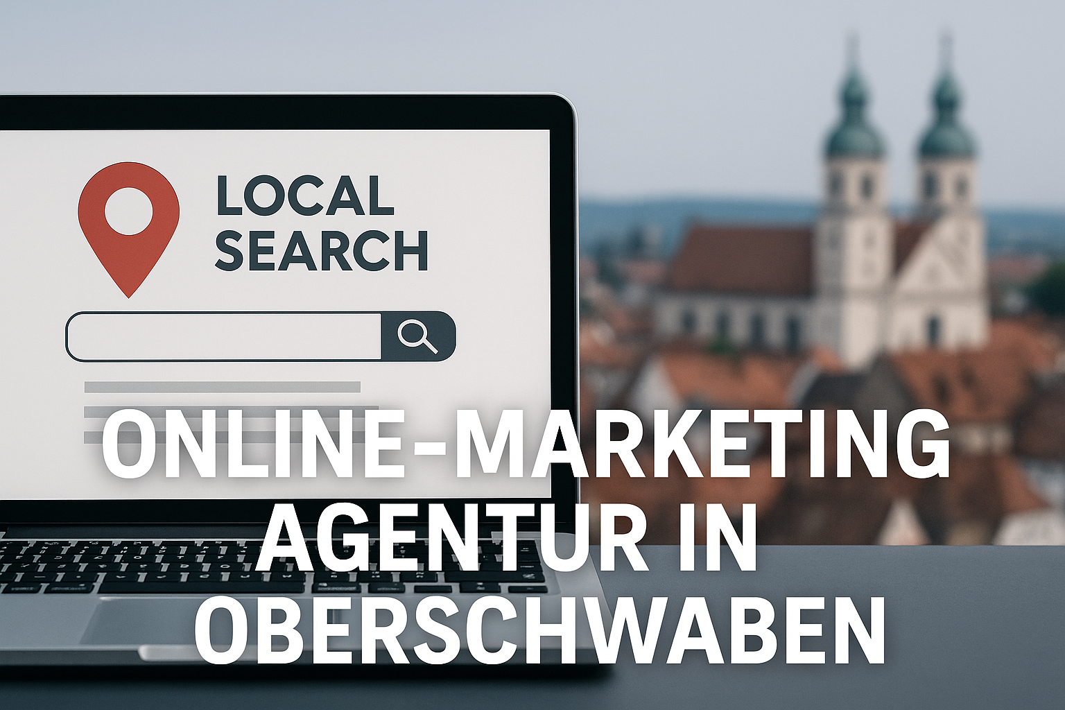 Laptop mit Local-Search-Anzeige vor Stadtansicht in Oberschwaben, Fokus auf regionales Online-Marketing