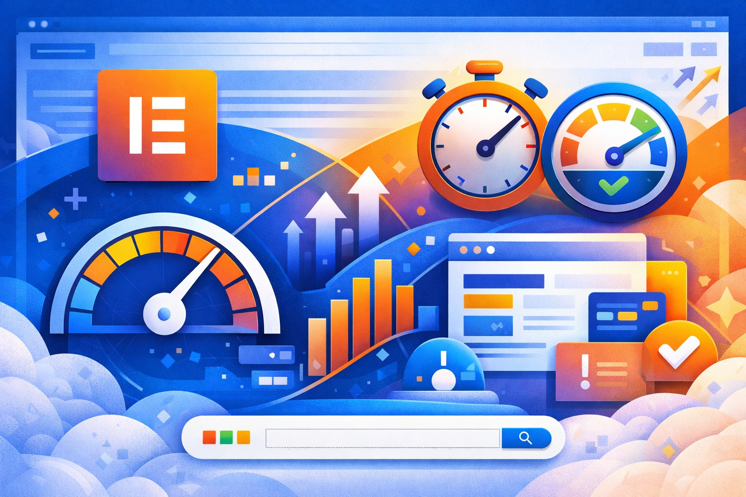 Darstellung der Core Web Vitals Optimierung auf einer Elementor‑Website mit Performance‑Icons, Geschwindigkeitssymbolen und Diagrammen in Reuber‑Farben