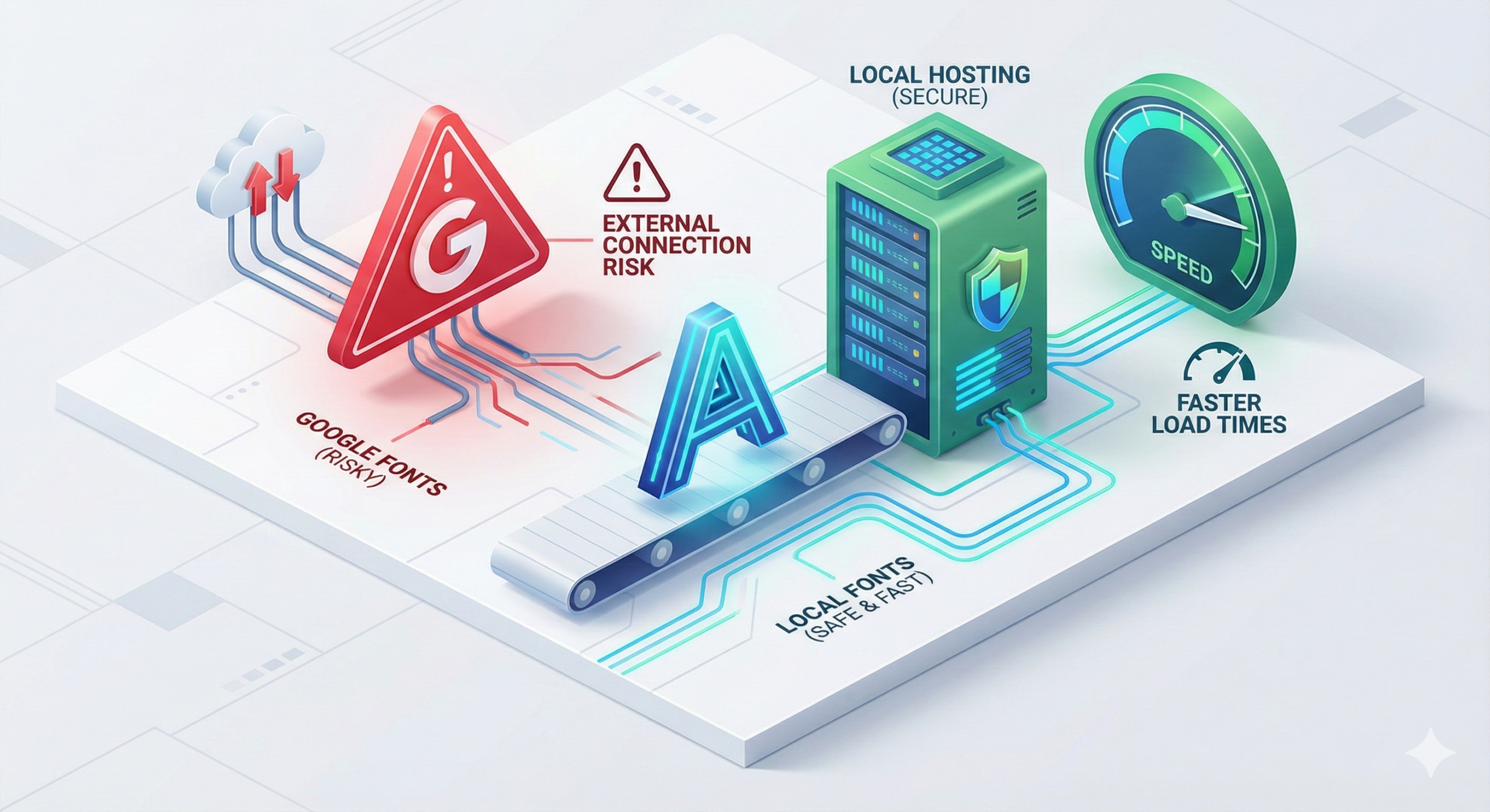 Illustration: Vergleich zwischen externen Google Fonts und lokal gehosteten Schriften für Datenschutz und Speed.