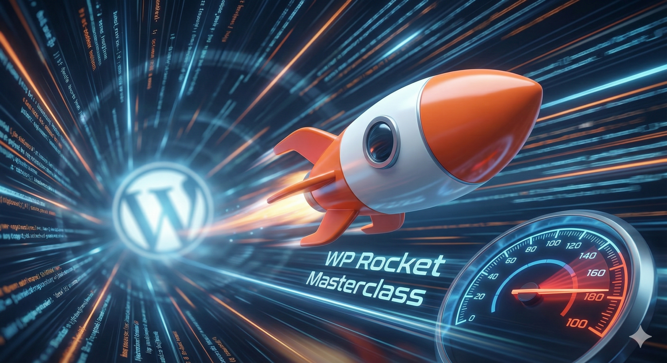 Eine 3D-Rakete fliegt durch einen digitalen Datentunnel, symbolisch für die WP Rocket Caching Optimierung.