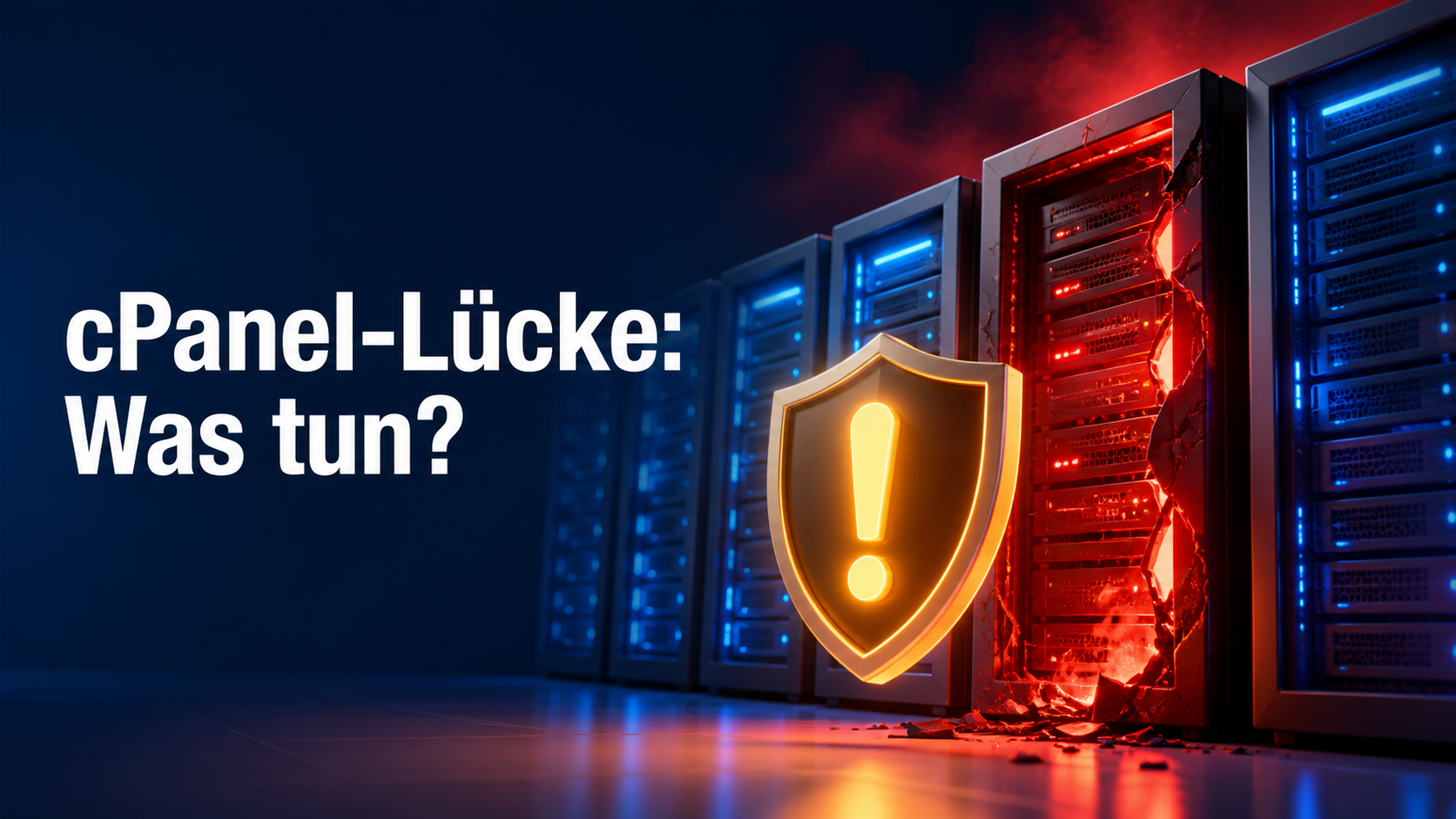 cPanel Sicherheitslücke: Warnschild vor Serverracks symbolisiert Root-Risiko