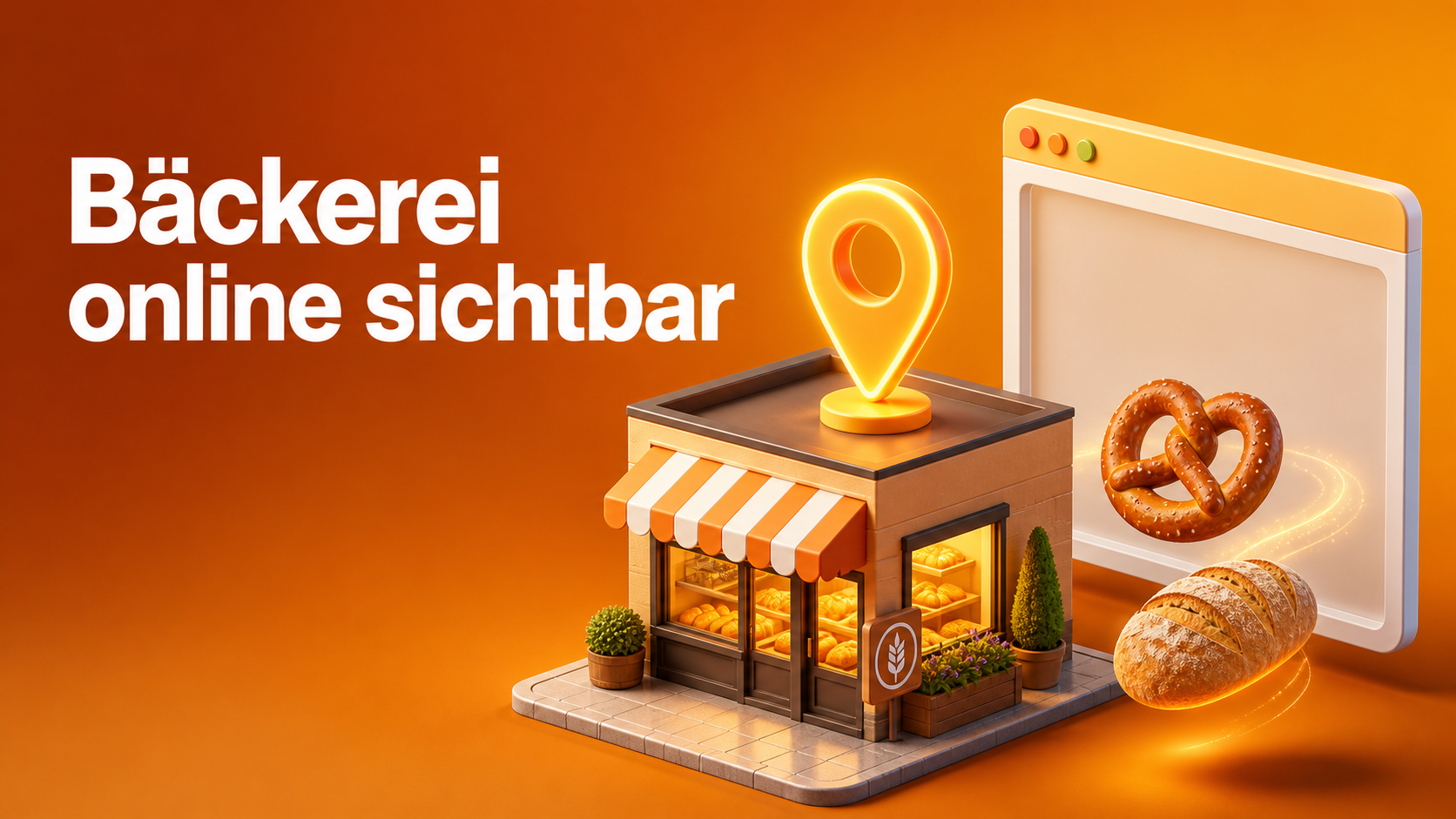 Website für Bäckerei: Brot und Standortnadel auf Bildschirm