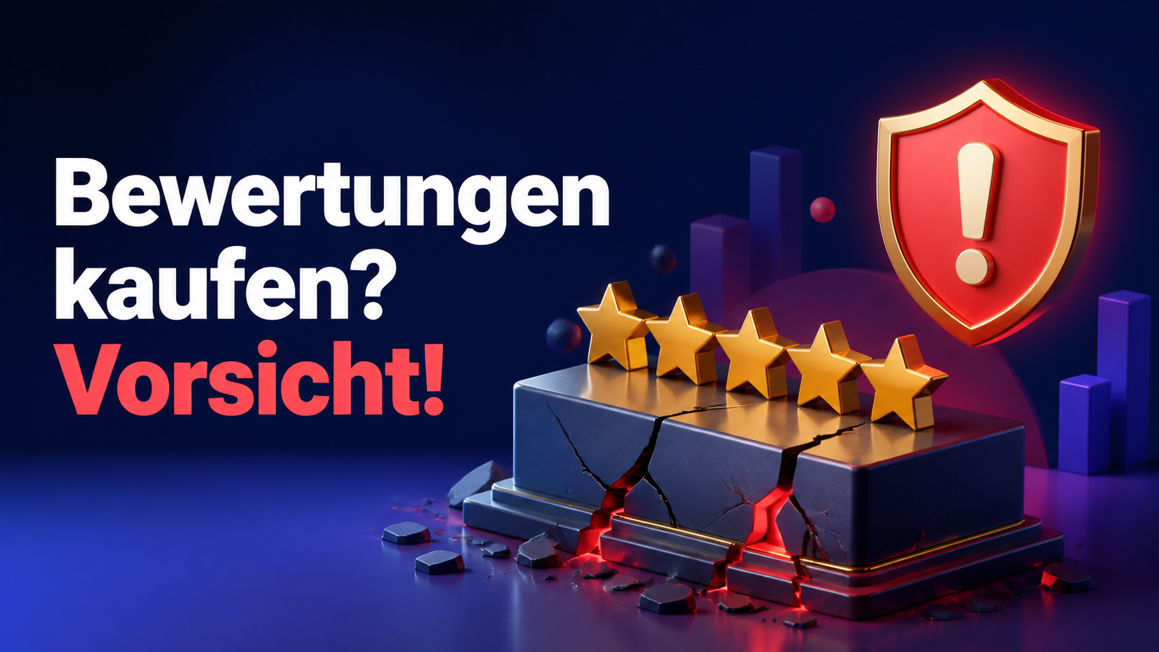 Google Bewertungen kaufen: Sterne-Podest mit Warnschild und Risse im Fundament