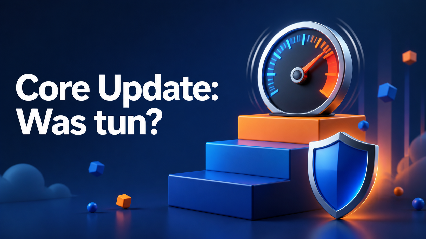 Google Core Update: Tacho und Schutzschild vor einer Rankingtreppe
