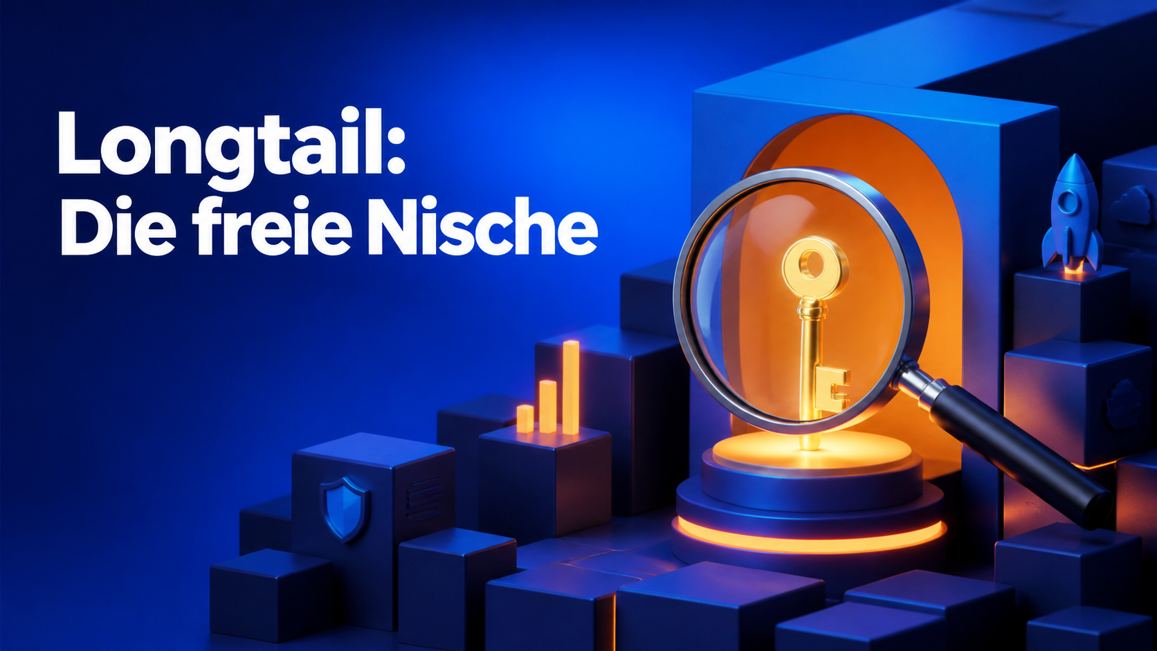 Longtail Keywords finden: Lupe über leuchtender Nische zwischen Podesten